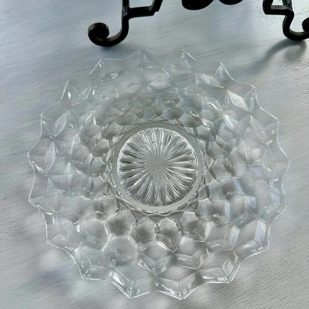 1940’S AMERICAN FOSTORIA, SET/4, 7 3/4” SALAD PLATES. CLEAR, HEAVY PRESSED GLASS
